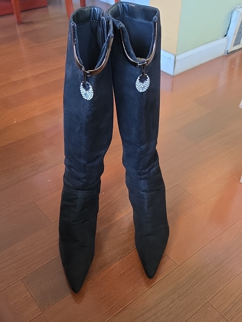 Pierre Dumas Junior-2 Black Faux Suede Rhinestone Accent Knee High Boots Size 10